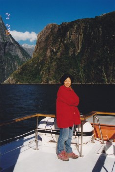 On the boat in the scenic Milford fjord.