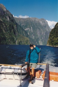 On the boat in the scenic Milford fjord.