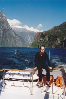 On the boat in the scenic Milford fjord.