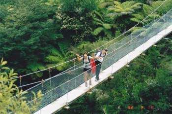 Crossing a river on a swinging bridge over a canyon seems to be fun!